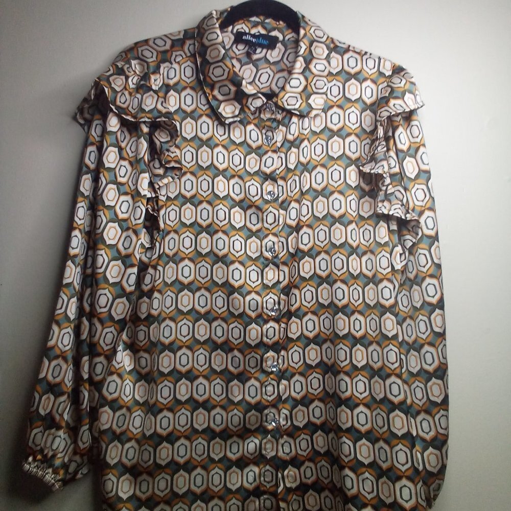 Alice Blue Blouse 1X Button Up Ruffle Long Sleeve Patterned Multicolor